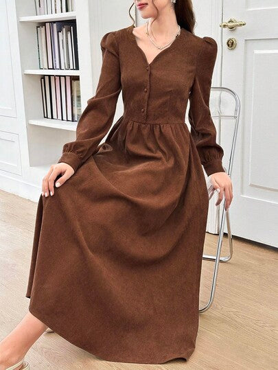 SHEIN فستان طويل بخصر على شكل حرف A مزين بأزرار وأكمام فانوس من الكوردوروي البني، ملابس خارجية أنيقة للمراهقات، خريف/شتاء