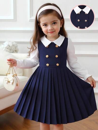 SHEIN Elladie kids فستان بياقة بيتر بان الأزرق الداكن ذو أزرار مزدوجة وذيل مطوي، أكمام طويلة 2 في 1، مناسب للأسلوب اليومي، الأناقة، الذهاب إلى المدرسة