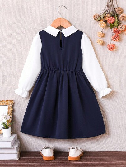 SHEIN Elladie kids فستان بياقة بيتر بان الأزرق الداكن ذو أزرار مزدوجة وذيل مطوي، أكمام طويلة 2 في 1، مناسب للأسلوب اليومي، الأناقة، الذهاب إلى المدرسة