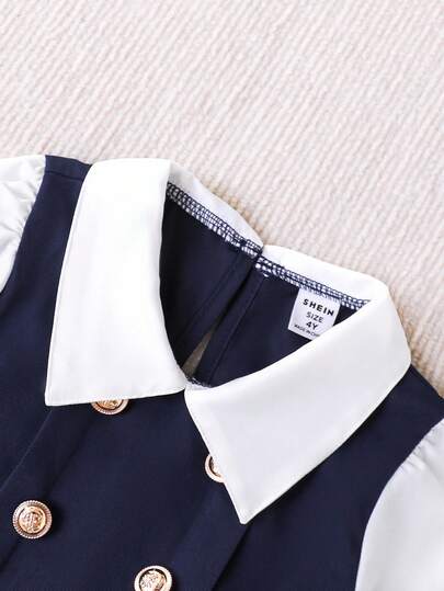 SHEIN Elladie kids فستان بياقة بيتر بان الأزرق الداكن ذو أزرار مزدوجة وذيل مطوي، أكمام طويلة 2 في 1، مناسب للأسلوب اليومي، الأناقة، الذهاب إلى المدرسة