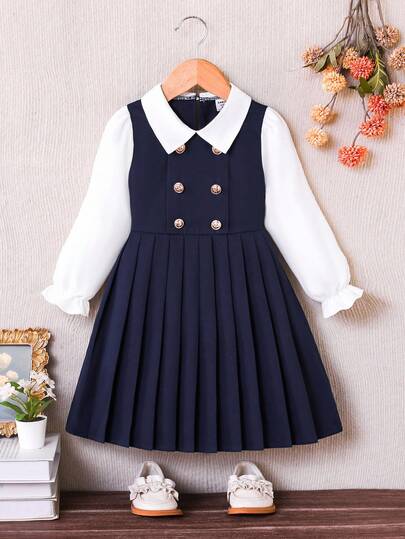 SHEIN Elladie kids فستان بياقة بيتر بان الأزرق الداكن ذو أزرار مزدوجة وذيل مطوي، أكمام طويلة 2 في 1، مناسب للأسلوب اليومي، الأناقة، الذهاب إلى المدرسة