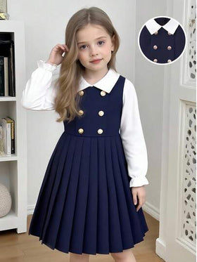 SHEIN Elladie kids فستان بياقة بيتر بان الأزرق الداكن ذو أزرار مزدوجة وذيل مطوي، أكمام طويلة 2 في 1، مناسب للأسلوب اليومي، الأناقة، الذهاب إلى المدرسة