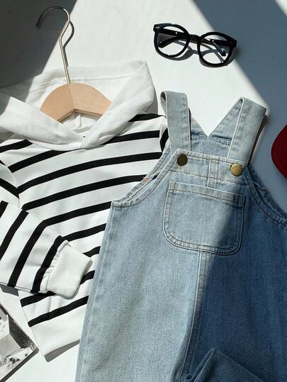 SHEIN مجموعة من قطعتين للأطفال الرضع، تتكون من هودي أسود وأبيض مخطط وبنطال جينز أزرق، مناسب للارتداء اليومي والخارجي والرياضة واللعب والحفلات والتصوير الفوتوغرافي والعطلات والمناسبات، ملابس أطفال شتوية، ملابس أطفال جنسية محايدة