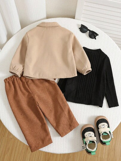 SHEIN مجموعة 3 قطع تشمل: بلوزة رقبة عالية سوداء، قميص كوردوروي بأكمام طويلة، بنطلون بخصر مطاطي، بلوزة محبوكة، ملابس طفل ذكر بنية جميلة ومتعددة الاستخدامات، أحدث ملابس أطفال ذكور