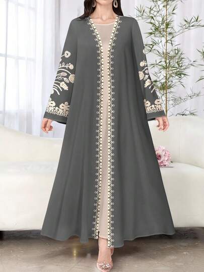 SHEIN Najma كارديجان أنيق بأكمام طويلة وطبعات زهرية للنساء، بتصميم عباءة عربية أنيقة، مناسب للربيع والخريف