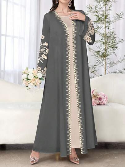 SHEIN Najma كارديجان أنيق بأكمام طويلة وطبعات زهرية للنساء، بتصميم عباءة عربية أنيقة، مناسب للربيع والخريف