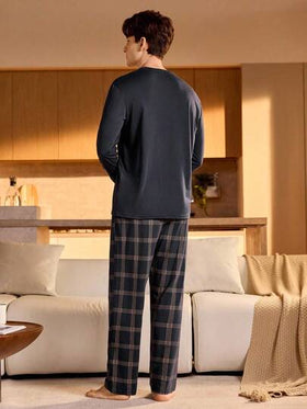 Manfinity Underwear&Sleepwear Basics طقم بيجامة رجالي من البنطلون والبلوزة طويلة الأكمام المربعة، ملابس خريف وشتاء، عيد الميلاد