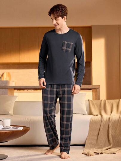 Manfinity Underwear&Sleepwear Basics طقم بيجامة رجالي من البنطلون والبلوزة طويلة الأكمام المربعة، ملابس خريف وشتاء، عيد الميلاد