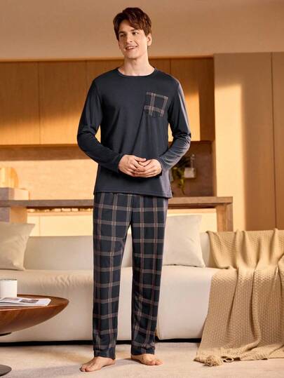 Manfinity Underwear&Sleepwear Basics طقم بيجامة رجالي من البنطلون والبلوزة طويلة الأكمام المربعة، ملابس خريف وشتاء، عيد الميلاد