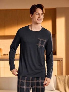 Manfinity Underwear&Sleepwear Basics طقم بيجامة رجالي من البنطلون والبلوزة طويلة الأكمام المربعة، ملابس خريف وشتاء، عيد الميلاد