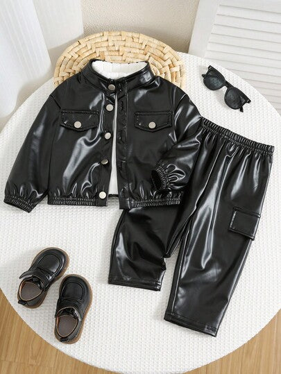 مجموعة ملابس طفل/طفلة مكونة من 2 قطعة، جاكيت طويلة الأكمام سميكة من البولي يوريثان بياقة عالية وبنطال كاجوال مناسبة للشتاء