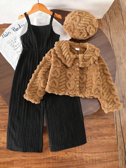 Genkimix Kids مجموعة كارديجان طويل الأكمام مع قبعة للبنات الصغيرات، مصنوع من الفليس المنسوج بنقشة القلب القابل للعكس، بالإضافة إلى جمبسوت سوداء ذات نسيج مميز، مناسبة للاستخدام في الخريف/الشتاء للأنشطة اليومية والسفر والحفلات