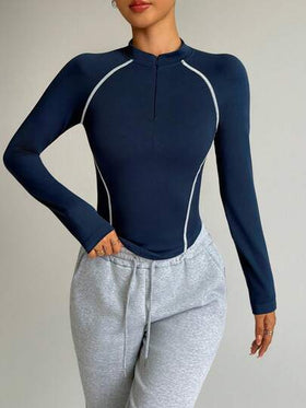 SHEIN Dewbera ملابس علوية رياضية ضيقة بأكمام طويلة وسحاب ملون للنساء