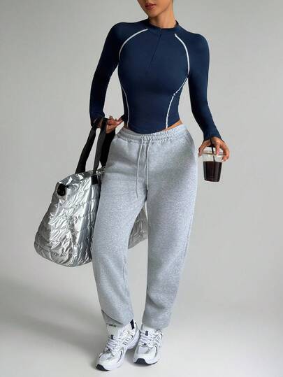 SHEIN Dewbera ملابس علوية رياضية ضيقة بأكمام طويلة وسحاب ملون للنساء