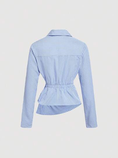 SHEIN MOD قميص نسائي أزرق وأبيض مخطط ذو ياقة منقلبة وأكمام طويلة قابلة للطي، مناسب للعمل والكاجوال والموضة التسعينات والعودة إلى المدرسة والخروج، قميص أكمام طويلة، مناسب لعيد الحب