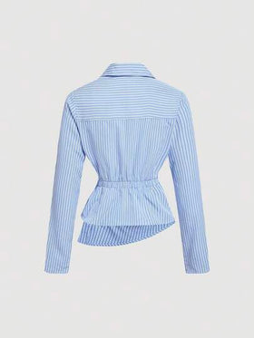 SHEIN MOD قميص نسائي أزرق وأبيض مخطط ذو ياقة منقلبة وأكمام طويلة قابلة للطي، مناسب للعمل والكاجوال والموضة التسعينات والعودة إلى المدرسة والخروج، قميص أكمام طويلة، مناسب لعيد الحب