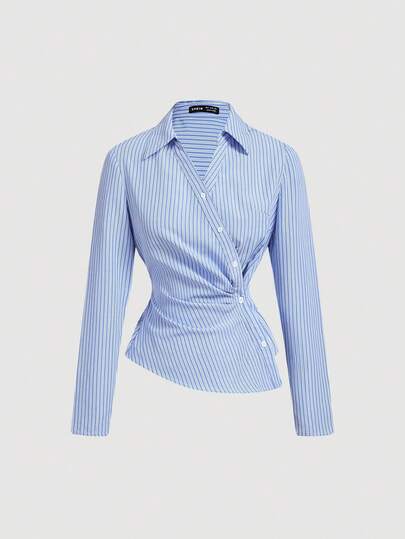 SHEIN MOD قميص نسائي أزرق وأبيض مخطط ذو ياقة منقلبة وأكمام طويلة قابلة للطي، مناسب للعمل والكاجوال والموضة التسعينات والعودة إلى المدرسة والخروج، قميص أكمام طويلة، مناسب لعيد الحب