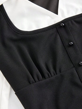 SHEIN MOD قميص بياقة منقلبة وأكمام طويلة بتباين لوني في الصدر مجعد باللونين الأسود والأبيض، قميص أسود، قميص أزرار، قميص نسائي بأكمام طويلة، قميص نسائي بياقة، قميص نسائي للعمل، قمصان رسمية، قميص بياقة على شكل حرف V