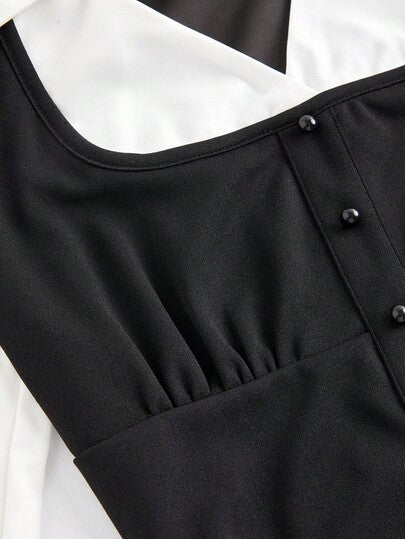 SHEIN MOD قميص بياقة منقلبة وأكمام طويلة بتباين لوني في الصدر مجعد باللونين الأسود والأبيض، قميص أسود، قميص أزرار، قميص نسائي بأكمام طويلة، قميص نسائي بياقة، قميص نسائي للعمل، قمصان رسمية، قميص بياقة على شكل حرف V
