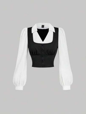 SHEIN MOD قميص بياقة منقلبة وأكمام طويلة بتباين لوني في الصدر مجعد باللونين الأسود والأبيض، قميص أسود، قميص أزرار، قميص نسائي بأكمام طويلة، قميص نسائي بياقة، قميص نسائي للعمل، قمصان رسمية، قميص بياقة على شكل حرف V
