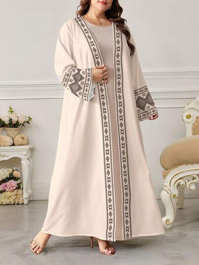 SHEIN Najma عباية نسائية كاجوال بأكمام طويلة وطباعة هندسية، مناسبة للربيع والخريف، مقاسات كبيرة