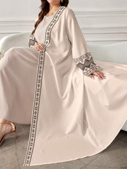 SHEIN Najma عباية نسائية كاجوال بأكمام طويلة وطباعة هندسية، مناسبة للربيع والخريف، مقاسات كبيرة