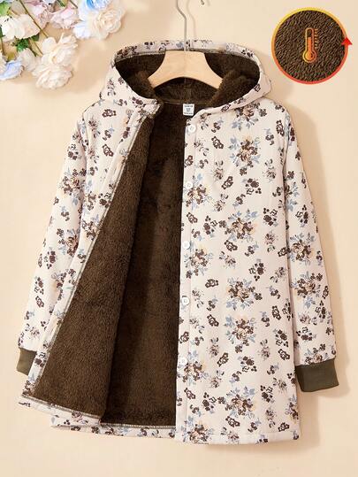 SHEIN Vintaside Kids معطف أنثوي متوسط الطول مبطن بالفرو مزخرف بنقوش زهرية عتيقة، خريف/شتاء