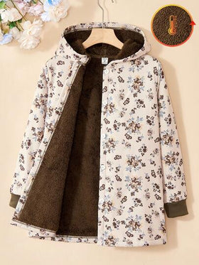 SHEIN Vintaside Kids معطف أنثوي متوسط الطول مبطن بالفرو مزخرف بنقوش زهرية عتيقة، خريف/شتاء