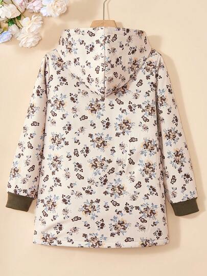 SHEIN Vintaside Kids معطف أنثوي متوسط الطول مبطن بالفرو مزخرف بنقوش زهرية عتيقة، خريف/شتاء