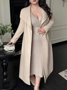 Flirla معطف/جاكيت طويل الأكمام مزخرف بالأزهار مع حزام، ياقة غير متماثلة، لون بيج