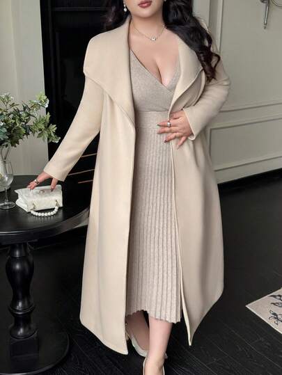 Flirla معطف/جاكيت طويل الأكمام مزخرف بالأزهار مع حزام، ياقة غير متماثلة، لون بيج