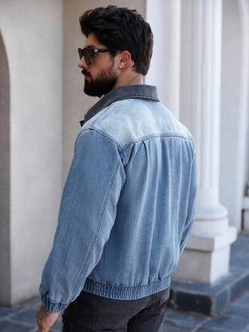 Manfinity Homme جاكيت جينز كاجوال مغسولة للرجال مزودة بسحاب وجيوب متعددة، خريف