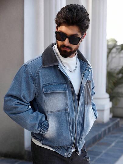 Manfinity Homme جاكيت جينز كاجوال مغسولة للرجال مزودة بسحاب وجيوب متعددة، خريف