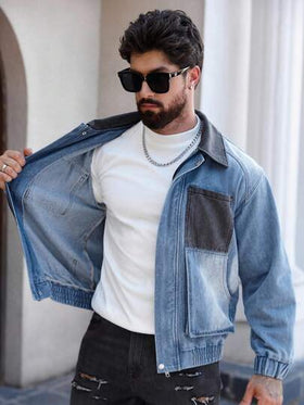 Manfinity Homme جاكيت جينز كاجوال مغسولة للرجال مزودة بسحاب وجيوب متعددة، خريف