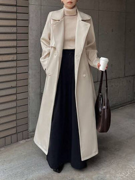 FRIFUL معطف ترينش طويل مزدوج الصدر بلون أحادي مع حزام، معطف نسائي للخريف
