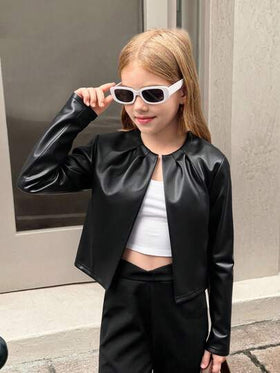 SHEIN كارديجان قصير بأكمام ثلاثة أرباع وياقة مستديرة مطوي، لون سادة، مناسب للفتيات المراهقات للاستخدام اليومي والمرن، عودة إلى المدرسة
