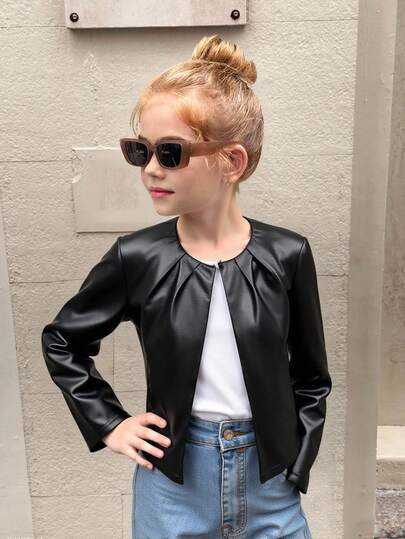 SHEIN كارديجان قصير بأكمام ثلاثة أرباع وياقة مستديرة مطوي، لون سادة، مناسب للفتيات المراهقات للاستخدام اليومي والمرن، عودة إلى المدرسة