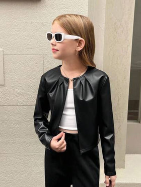SHEIN كارديجان قصير بأكمام ثلاثة أرباع وياقة مستديرة مطوي، لون سادة، مناسب للفتيات المراهقات للاستخدام اليومي والمرن، عودة إلى المدرسة