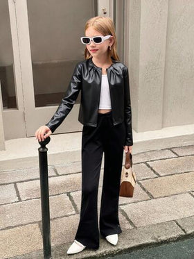 SHEIN كارديجان قصير بأكمام ثلاثة أرباع وياقة مستديرة مطوي، لون سادة، مناسب للفتيات المراهقات للاستخدام اليومي والمرن، عودة إلى المدرسة