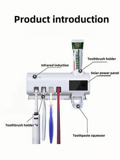 قاعدة/حامل فرشاة أسنان ذكية بيضاء لا تحتاج ثقب قطعة واحدة، شاحن USB، معصر معجون أسنان أوتوماتيكي متعدد الوظائف، مجموعة حمام يمكن أن تستوعب 4 فرش أسنان وأنبوب معجون أسنان واحد، مناسبة للحمامات والسكن الجامعي وديكور المنزل الصيفي