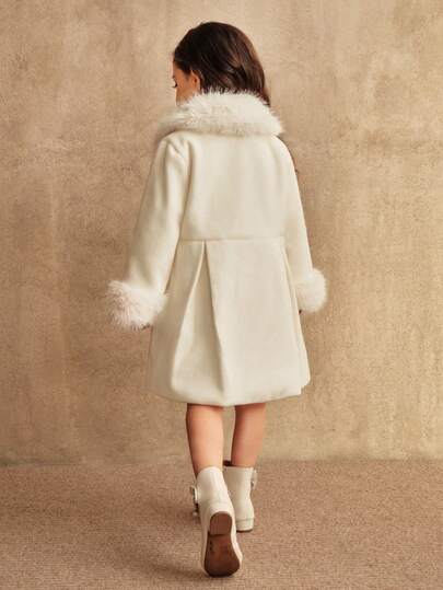 SHEIN معطف أبيض طويل للبنات، أزرار اللؤلؤ على الياقة على شكل V، ملابس خارجية أنيقة للخريف/الشتاء، ملابس عائلية متناسقة