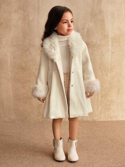 SHEIN معطف أبيض طويل للبنات، أزرار اللؤلؤ على الياقة على شكل V، ملابس خارجية أنيقة للخريف/الشتاء، ملابس عائلية متناسقة
