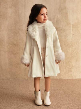 SHEIN معطف أبيض طويل للبنات، أزرار اللؤلؤ على الياقة على شكل V، ملابس خارجية أنيقة للخريف/الشتاء، ملابس عائلية متناسقة
