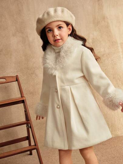 SHEIN معطف أبيض طويل للبنات، أزرار اللؤلؤ على الياقة على شكل V، ملابس خارجية أنيقة للخريف/الشتاء، ملابس عائلية متناسقة