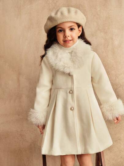 SHEIN معطف أبيض طويل للبنات، أزرار اللؤلؤ على الياقة على شكل V، ملابس خارجية أنيقة للخريف/الشتاء، ملابس عائلية متناسقة