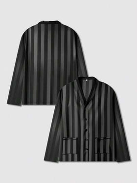 SHEIN بدلة بيجامة رجالية مكونة من سترة رقبة على شكل حرف V مع بنطلون، نسيج مخطط ذو نقشة جاكار باللون الأسود، خفيفة الوزن ومريحة للارتداء المنزلي في فصلي الخريف والشتاء
