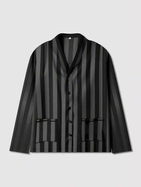 SHEIN بدلة بيجامة رجالية مكونة من سترة رقبة على شكل حرف V مع بنطلون، نسيج مخطط ذو نقشة جاكار باللون الأسود، خفيفة الوزن ومريحة للارتداء المنزلي في فصلي الخريف والشتاء