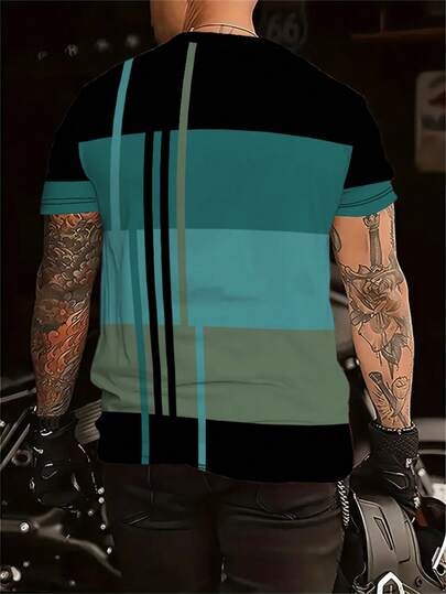 قميص تي شيرت رجالي كاجوال بطبعة شريطية ثلاثية الأبعاد من البوليستر بياقة طاقم، قابل للغسل في الغسالة