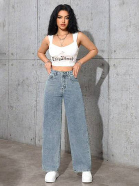 SHEIN PETITE بنطلون جينز نسائي بخصر عالي وجيوب وساق واسعة فضفاضة وكاجوال