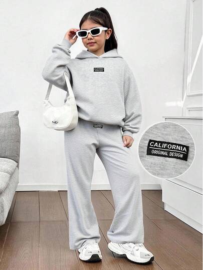 SHEIN مجموعة رياضية كاجوال رمادية للبنات المراهقات، طقم أسلوب رياضي للحرم الجامعي، مناسب للملابس اليومية للأطفال، العودة إلى المدرسة، حفل الافتتاح، الارتداء اليومي، المدرسة، السفر، الرياضة، خريف/شتاء، قطعتان/مجموعة